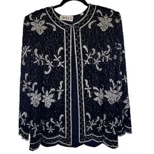 Vintage Swee Lo 80s Blue and Silver Silk and Sequin Swirls Jacket, M